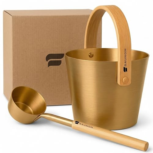 SAUNOM Luxuriöses Aluminium-Sauna-Eimer und Schöpflöffel-Set mit modernem nordischem Design – Saunakelle aus eloxiertem Aluminium mit Bambusgriff – rost- und hitzebeständiger Eimer mit 382 ml