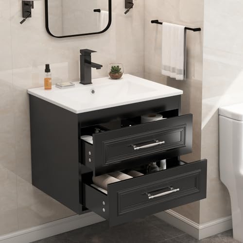 ZealWe Badmöbel Set Waschbecken mit Unterschrank 60cm, inkl. Keramikwaschbecken, Lackierte Oberfläche, 2 Schubladen, Soft-Close, Waschbeckenunterschrank waschtisch Schwarz mit Einsatz-Waschbecken Weiß