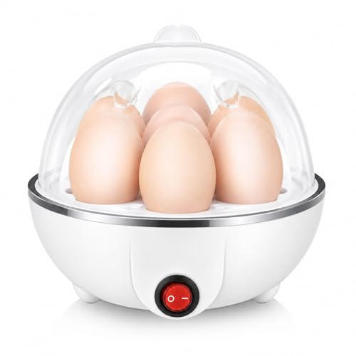 Kortemora Electric Egg Boiler Cooker for 6 Eggs, Egg Poacher & Steamer with Auto Shut Off, One Touch Egg Cooker for Soft Medium Hard Boiled Eggs, Compact Kitchen Appliance White