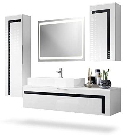 Vladon Badmöbel Komplettset Aloha, Made in Germany, Korpus in Weiß matt/Fronten in Weiß Hochglanz mit Absetzungen in Schwarz Hochglanz, mit Aufsatzwaschbecken, Armatur (M1) und LED Spiegel