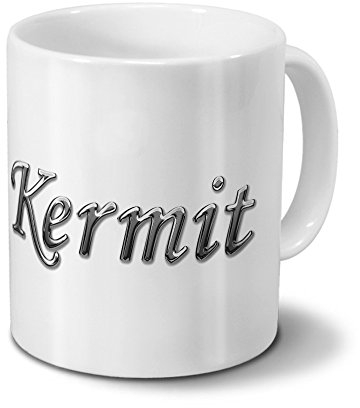 printplanet Tasse mit Namen Kermit - Motiv Chrom-Schriftzug - Namenstasse, Kaffeebecher, Mug, Becher, Kaffeetasse - Farbe Weiß
