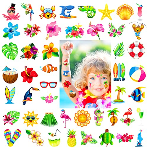 Konsait 96 Hawaii Luau Temporäre Tattoos Aufkleber Kindertattoos für Mädchen, Jungen, Kindergeburtstag Mitgebsel, Hawaii Tropischen Aloha Sommer Beach Party Deko