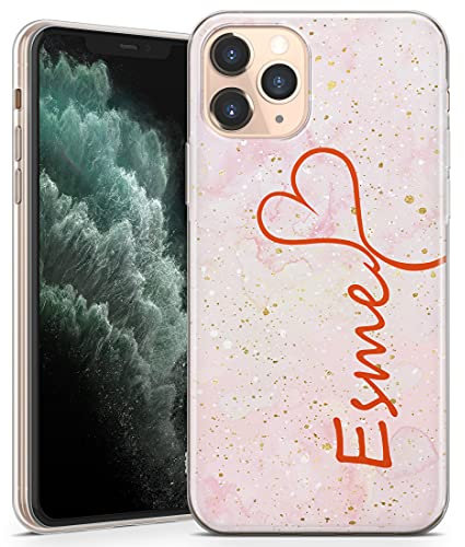 TULLUN Personalised Phone Case for iPhone 11 Pro - Clear Soft Gel TPU Custom Cover Marmor Name & Heart Design Your Style Letter Initials Text - Pink Watercolour Marble