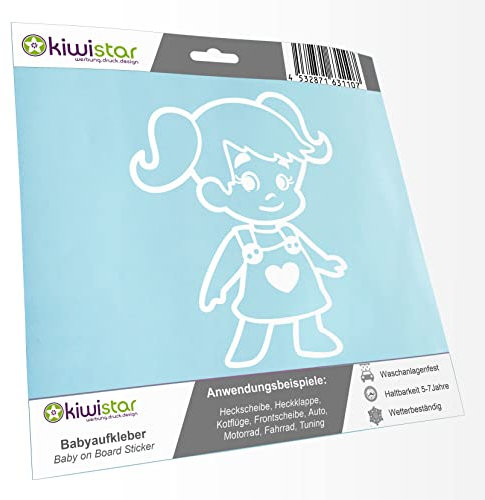 Kiwistar - Babyaufkleber - Weiß - Mädchen Zöpfe Herz Sticker - ohne Wunschtext 15cm - für Auto, Motorrad, Fahrrad, Tuning