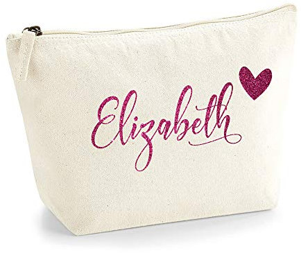 Personalisiert Name Initialen & Herz Kosmetiktasche Damen Schminktasche für Handtasche Makeup Tasche - Glitter oder Flocke Material Druck - Rosa Glitzer - M | Natürlich