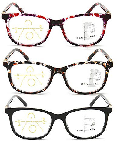 XINXD 3-pack Progressive Multifocal Reading Glasses, Anti-blue Lens, Vintage Trendy Men Women Spring Hinge Reader, Red-black-brown, 1.0,+1.5,+2.0,+2.5,+3.0