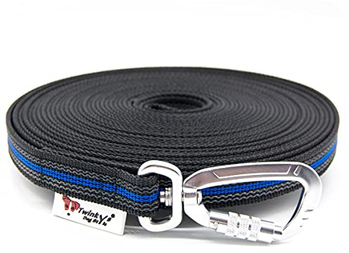 Twinkys Dog Style Schleppleine gummiert mit Sicherheitskarabiner 20 mm breit für Hunde bis 50 kg - MIT Handschlaufe 50 Meter Schwarz Blau Made IN Germany