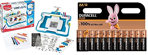 Maped Creativ - Lumi Board - Machine Lumineuse pour Apprendre à Dessiner - Jouet Loisirs Créatifs - Tableau Lumineux Enfant dès 4 ans + Piles alcalines AA Duracell Plus, 1,5V LR6 MN1500, Paquet de 12