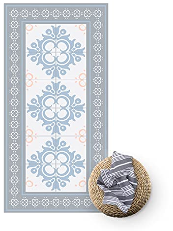Vinyl-Teppich - Florale Fliesen Orange Blaue Knospen mit Bordüre, 280 × 140 cm, Vinyl