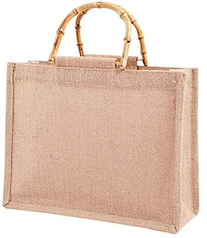 Phantasy® Borsa Juta naturale con manico in bambù artistico, impermeabile da donna, da rivestire, per la Spesa, mare spiaggia (M = 27 * 26 * 10cm)