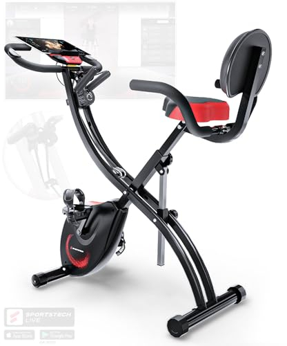 Sportstech 3in1 Premium Cyclette con eventi video e app multiplayer | Bicicletta pieghevole con sedile confortevole e sensori di pulsazioni | Corde elastiche fitness | Bicicletta da casa X150