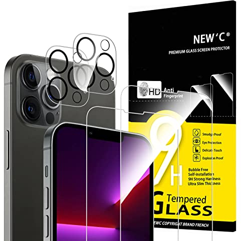 NEW'C 4 Pack, 2 x Protector Pantalla para iPhone 13 Pro y 2 x protector Pantalla Protector de Lente de Cámara - Cristal Templado - Anti-Rayaduras - Ultra Resistente - Cristal Dureza 9H