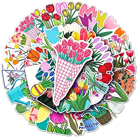 Lebendige Tulpen-Aufkleber für Kinder, Jungen, Mädchen, Teenager, ästhetische Vinyl-Aufkleber für Laptop, Wasserflasche, Tablet, Scrapbook, Tasse, Fahrrad, Handy, Auto, Aufkleber, 50 Stück