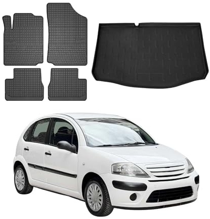 OMAC Fußmatten & Kofferraumwanne Set kompatibel mit Citroen C3 2002-2009 Gummi TPE Schwarz 5X