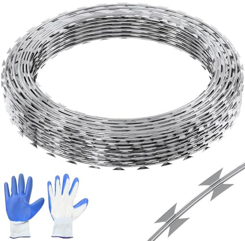 VEVOR Alambre de Espino 75 m 5 Rollos de Alambre de Espino Galvanizado en Caliente Malla de Alambre Protección Anti-Intrusión Cuchillas de Espino Afiladas con Guantes Protectores para Jardín, Balcón