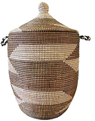 Wäschekorb Afrika - S/M/L/XL/XXL - Das Original aus dem Senegal - Afrikanischer Flechtkorb mit Deckel - Fair Trade Korb - Graskorb - Dekokorb (L, Zick Zack Braun & Weiß)