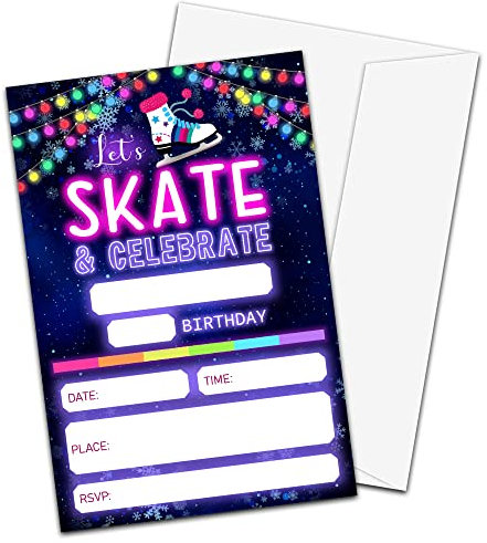 TIRYWT Skate-Geburtstagseinladungen mit Umschlägen (20er-Pack), 10,2 x 15,2 cm, Neonleuchtend, Rollschuh-Stil, zum Ausfüllen von Geburtstagsparty-Einladungen, yqk-b01