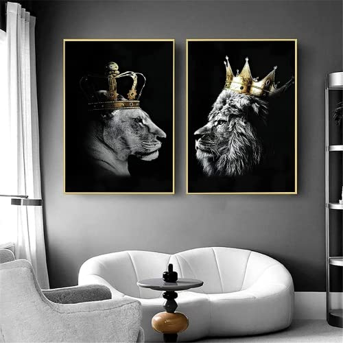Löwe und Löwin mit Krone Leinwand Bilder, Schwarz Weiß Tier Poster Dekoration, Wildes Tier Kunst Drucke für Wohnzimmer Wohnkultur Dekor Kein Rahmen (Löwe -1, 2x70x100cm)