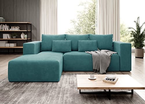 Moderno Ecksofa mit Schlaffunktion und Bettkasten Stripes - Sofa mit 3 Sitzer und Robuste überzug - Schlafcouch L-Form - Modern Couch Cord - 255x73x161 cm - Links Türkis