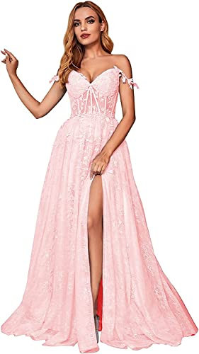 Fuomomo Dentelle Appliques Tulle Robes De Bal Robes de Bal Longues avec Bretelles Spaghetti Fendues pour Femmes Robe de soirée Formelle