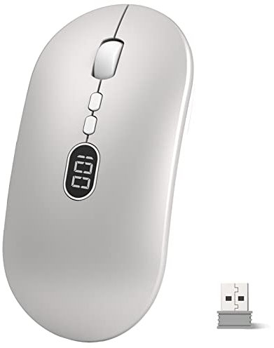 Kabellose Maus Leichte Kabellose Maus mit Akku-Display 2.4G Ultra Slim Leise Funkmaus Wireless Laptop Mouse mit Nano Empfänger Kabellose Ergonomische Maus 1600DPI Für PC/Window/Macbook/Linux - Silber