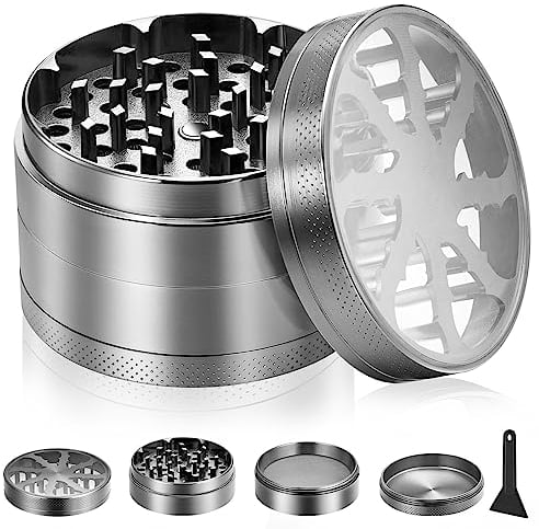 Anpro 2.5'' Clear Herb Grinder Premium Zinc Alloy - 4 Piece Portable Metal Grinder with Transparent Magnetic Top Cover, Mesh Screen, Pollen Scraper - Grey