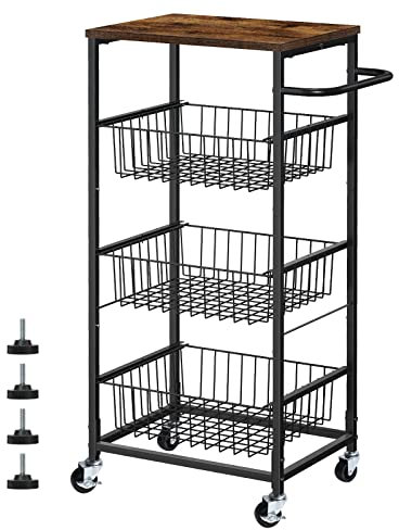 Carrito de almacenamiento de cocina de 4 niveles, carrito de aperitivos con cestas de frutas extraíbles, carrito de despensa móvil con ruedas, cocina, baño, marrón