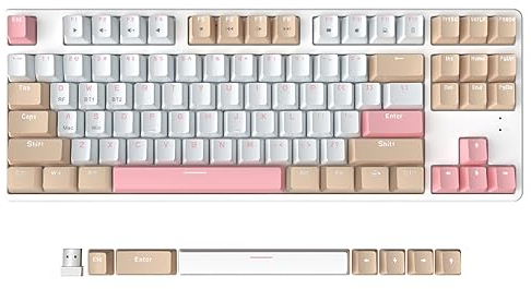 AJAZZ AK871 Tastiera da Gioco Wireless 75%, Dual-Mode Bluetooth/2,4 Ghz, Tastiera Meccanica TKL 80% con Interruttore Blu Clicky Hot-Swappable, Compatti 87 Tasti, Senza Backlit per Win/Mac - Bianco