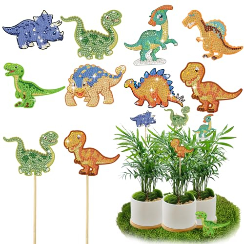 8 Stücke Dinosaurier Diamond Painting Sets, Cartoon Dinosaurier 5D Diamant Painting Kunst für Garten Dekor, Nette Dinosaurier Stakes Diamond Kunst Kits, Dinosaurier Diamond Painting Ornamente Zubehör