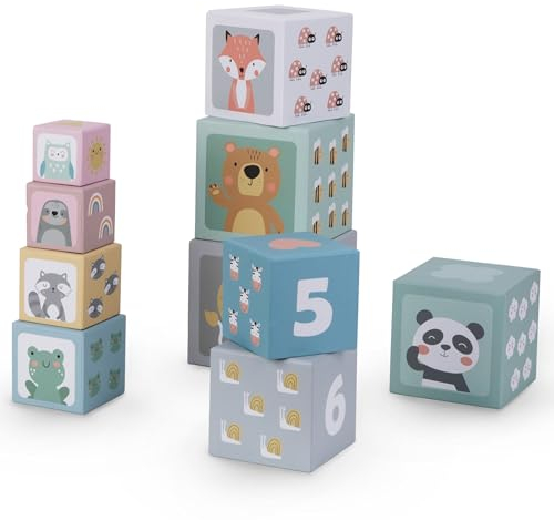 Mamabrum, Stapelturm für Kinder, 10 Elemente - Zahlen und Tiere, 10 Pappwürfel in verschiedenen Größen, für Kinder Baby Spielzeug stapelturm stapelwürfel