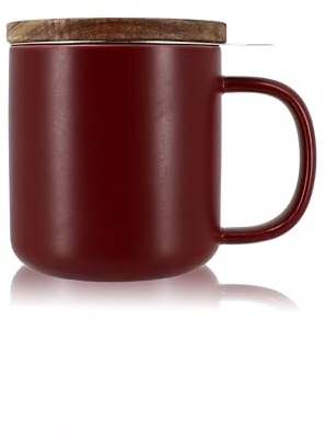 OGO LIVING - Teebecher Juliet Bordeaux 300ml - Ideal für Tee und Kräutertee - Teetasse aus Steingut und Deckel aus Akazienholz