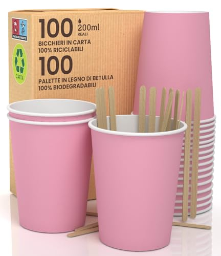 100 Bicchieri in Carta ROSA 200ml in Carta con Palette Monouso Bevande Calde e Fredde, Tè Infusi Acqua Ecologici, Biodegradabili Tazze Monouso Colorate + 100 Palette da 11cm in Legno di Betulla