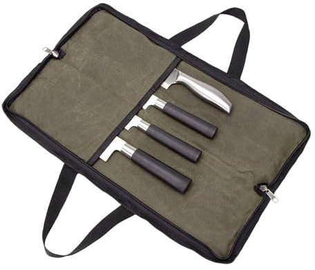 EMVANV Knife Bag,Knife Roll Waxed Canvas knife Case with 4 Pockets for Knives and Kitchen Tools C-hef Knife Bag With Handle For Kitchen Tools Camping Picnic Storage(army green)