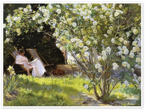 Rosen, Marie Krøyer sitzt im Liegestuhl im Garten von Frau Bendsens Haus Poster von Peder Severin Krøyer 40 x 30 cm Grün Wandbilder Wanddeko