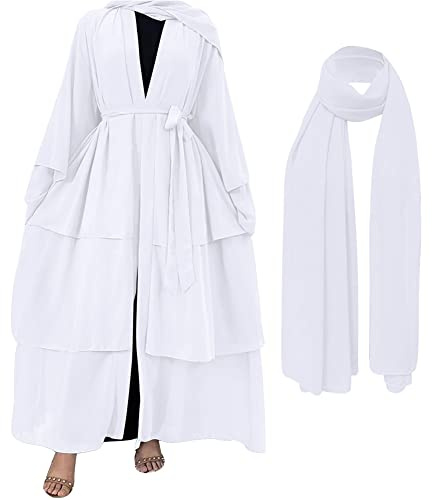 IBAKOM Muslimische Abaya für Frauen Chiffon Lose Vollabdeckung mit Hijab Schal Damen Muslimische Kleider Islamische Dubai Abayas Arabische Robe Nahen Osten Gebetskleid, weiß, 46