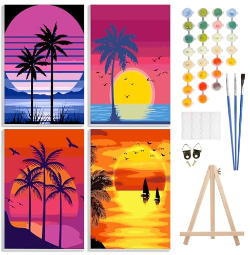 GHHKUD Malen Nach Zahlen Erwachsene, 4 Stück Malen Nach Zahlen Landschafts Sonnenuntergang Strand DIY Handgemalt Ölgemälde Kit für Anfänger Mit Holzstaffelei und Acrylfarbe Malen nach Zahlen-20X30cm