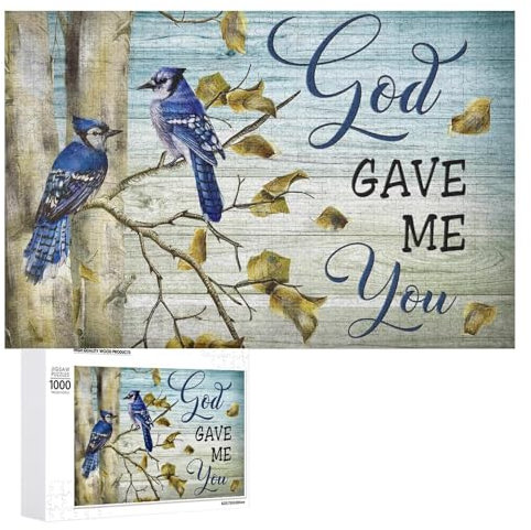Fall Painting 1000 Piece Jigsaw Puzzles for Adults - God Gave Me You Blue Jay Couple Autumn Tree, Thanksgiving Puzzles for Family Activities Games Gift
