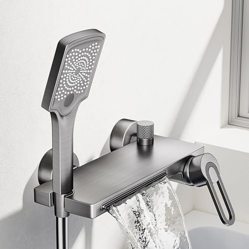BiaoTeng Badewannenarmatur mit Handbrause Wandmontage Wasserfall Heiß und Kalt Handbrause mit 3 Modi Badewannen Armaturen mit Brause Grau