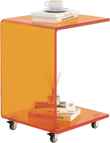 bitaycan Mobiler C-förmiger Beistelltisch aus Acryl, Sofa-Beistelltisch, Snacktisch auf Rollen, transparenter Rolltisch (Orange)