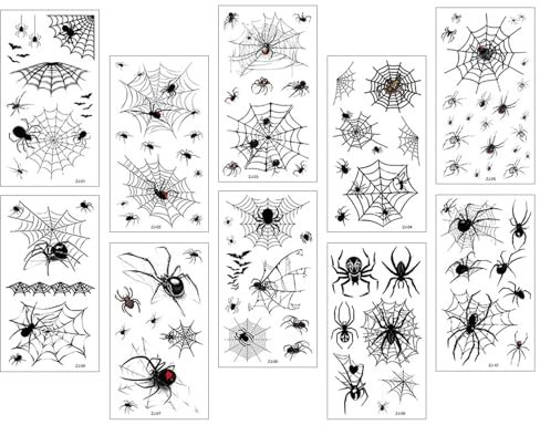 10 Blätt Spinnen Tattoo Halloween,Gesichtstattoo Halloween Kinder,Spinnen Tattoo Gesicht,Damen Spinnennetz Sticker Hexen,Gothic-Kostüm Tattoos Schmin Ketemporäre Make Up für Fasching Erwachsene Kinder