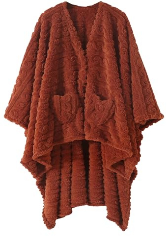 Tragbare Decke, Sherpa-Fleece-Schal, Decke mit Taschen für Erwachsene, Damen und Herren, gemütlicher Schal, TV-Überwurf, Decke, Rost, 147 x 162 cm