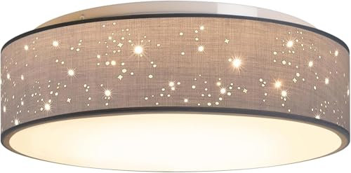 Zedelmaier Deckenlampe Stoff 38cm E27x2 max.40W Deckenleuchte mit Sternenhimmel Wohnzimmer Schlafzimmer Kinderzimmer Flur Küche Lampe Decke Stoffdeckenlampe Rund (Grau, Ø38x12,5cm)