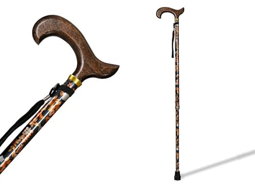 Ausziehbarer Aluminiumstock (74-95 cm) mit Griff aus dunklem Holz, rutschfestes Ende und Herbstblätter-Finish, Gehstock für Unterstützung und Gehhilfe. (402FH)