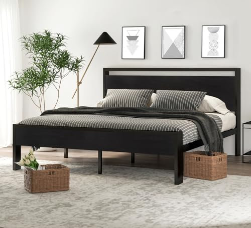 SHA CERLIN 35,6 cm Kingsize-Metallbettrahmen mit Kopfteil und Fußteil aus Holz, Matratzenfundament, kein Boxspringbett erforderlich, großer Stauraum unter dem Bett, Schwarze Eiche