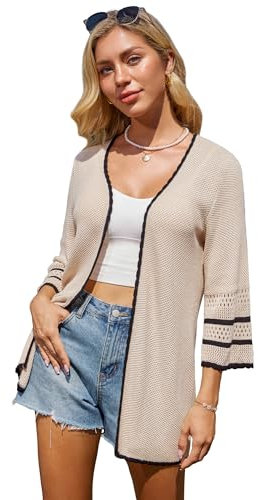 GRACE KARIN Maglione Donna Elegante Cardigan Lungo Aperto Davanti Maniche 3/4 Contrasto Colore Primavera Estate Beige S