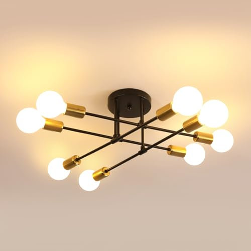 Riserva Lámpara de Techo Negra, E27 Sputnik Lámpara de Araña Modernas, 8 Luces Plafon Techo Vintage Metal para Dormitorio, Sala de Estar, Cocina, Comedor (No Incluidas Bombillas)