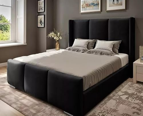 4FT6 Double Ottoman Storage Solid Divan Base Bed Frame Wing Panel Headboard Upholstered In Black Plush Velvet Bed Frame End Lift - No Mattress (Black, 4FT6 Double Frame With Gas Lift Storage)