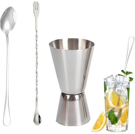 Jigger - Vaso medidor de bebidas alcohólicas duales,1 taza medidora de cóctel con 2 cuchara de cóctel, 30 ml/60 ml, vaso medidor de doble cara, adecuado para cócteles, fiestas de bar