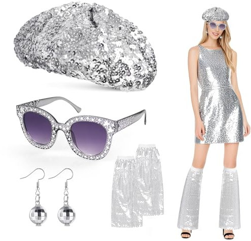 Oerphh 6PCS Disco Costume Set for Women 1970s Disco Accessories with Sequin Beret Hat Sunglasses Earrings Leg Warmers Abba Costume for Retro 70s 80s Theme Party Fancy Dress Up Birthday Dance