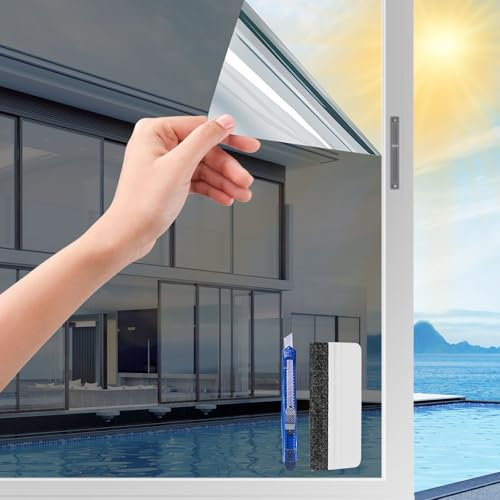 Film Fenetre Anti Regard - 90x400 cm - Anti Chaleur Anti UV, Film Miroir pour Fenetre avec Kit de Pose, Protection de la Vie Privée, Protection Solaire, pour Fenêtr Maison Bureau Magasin, Gris